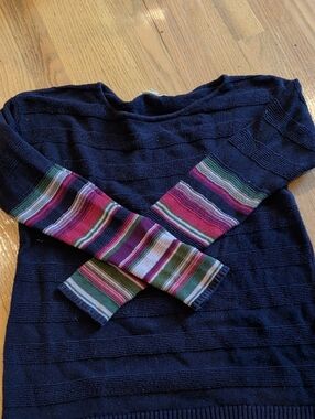 Esprit Navy Crewneck Sweater with Multicolor Stripe Cuffs